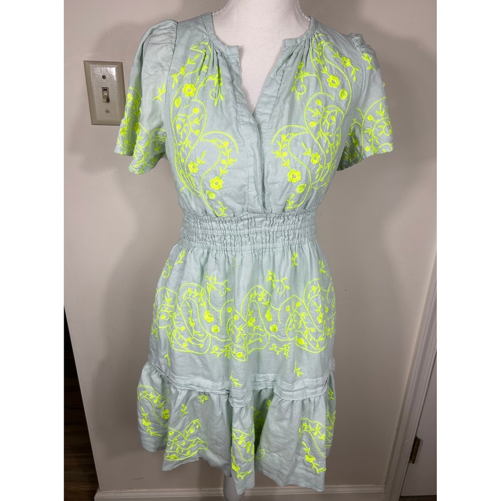 Anthropologie Somerset Mini Dress XS Mint Embroidered Linen Smocked‎ Cottagecore